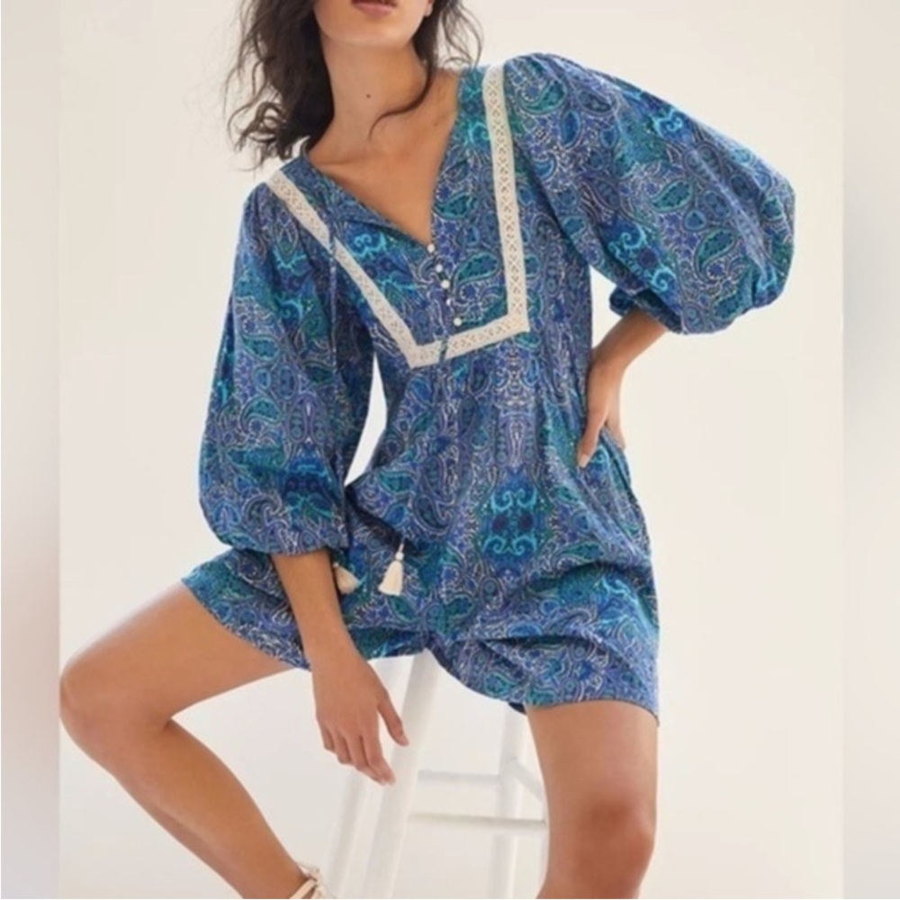 XL Anthropologie Teal and Navy Paisley Romper